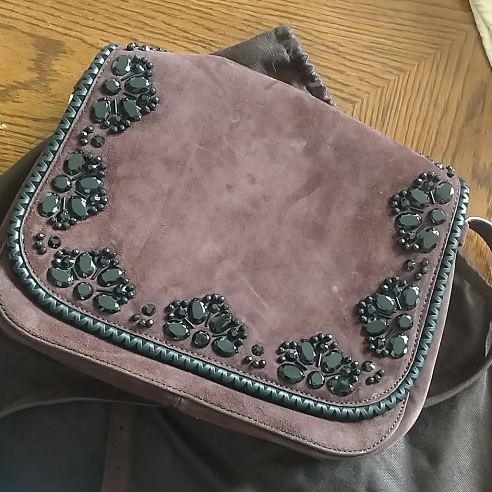kate spade chocolate suede crossbody bag with black jeweled trim